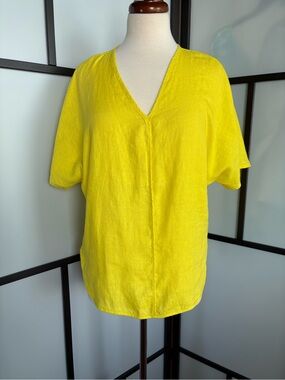 DKNY Pure Yellow V-Neck Dolman Sleeve Tunic Top XS 100% Linen